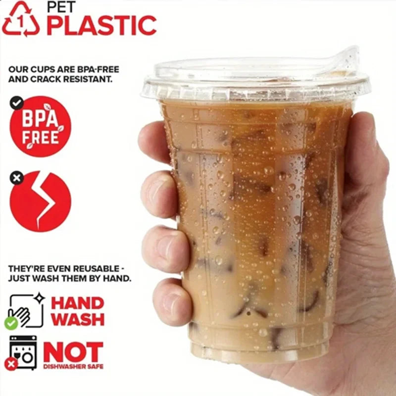 20 PCS,Disposable Coffee Cups - Direct Drink Lid, Leak-Proof PET, for Cafes, Milk Tea Shops, Parties & Cold Drinks