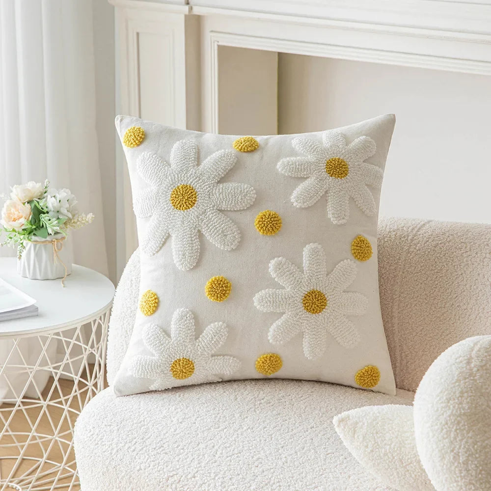 Embroidered Flower Throw Pillow Covers – Boho Cotton Cushion Covers for Bed, Sofa & Home Decor (30x50cm / 45x45cm)