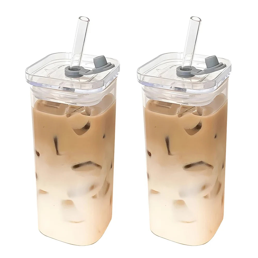 2-Piece Square Glass Cup Set with Lid & Straw – Hot & Cold Drinkware