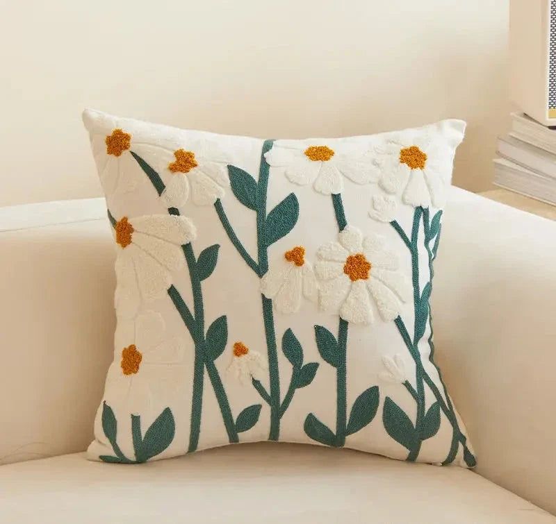 Floral Embroidered Canvas Pillow Cover – Boho Countryside Cushion