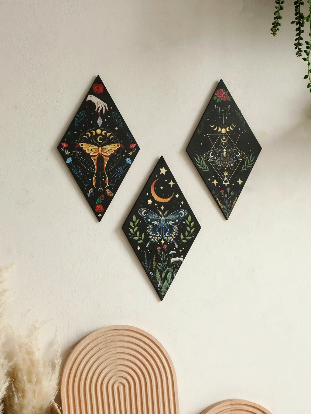Butterfly & Moon Wooden Wall Art – Hand-Painted Nordic Boho Home Decor Accent