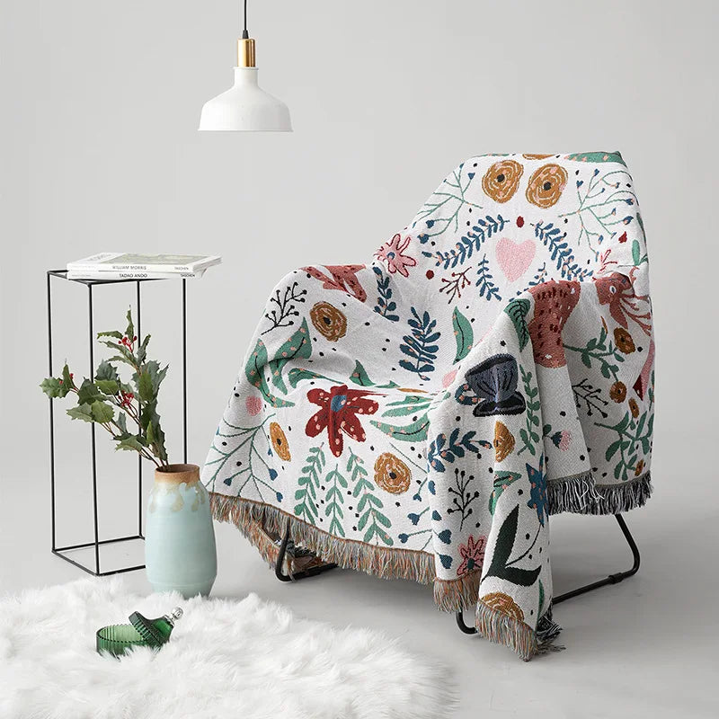 Floral Deer Forest Woven Throw Blanket