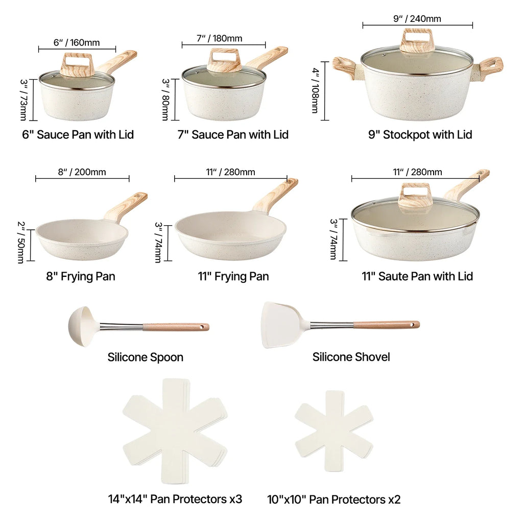 VEVOR 17 Piece Pots and Pans Set Granite Nonstick Cookware Set Induction Cookwares Kitchen RV Cooking Sets with Pan Protectors