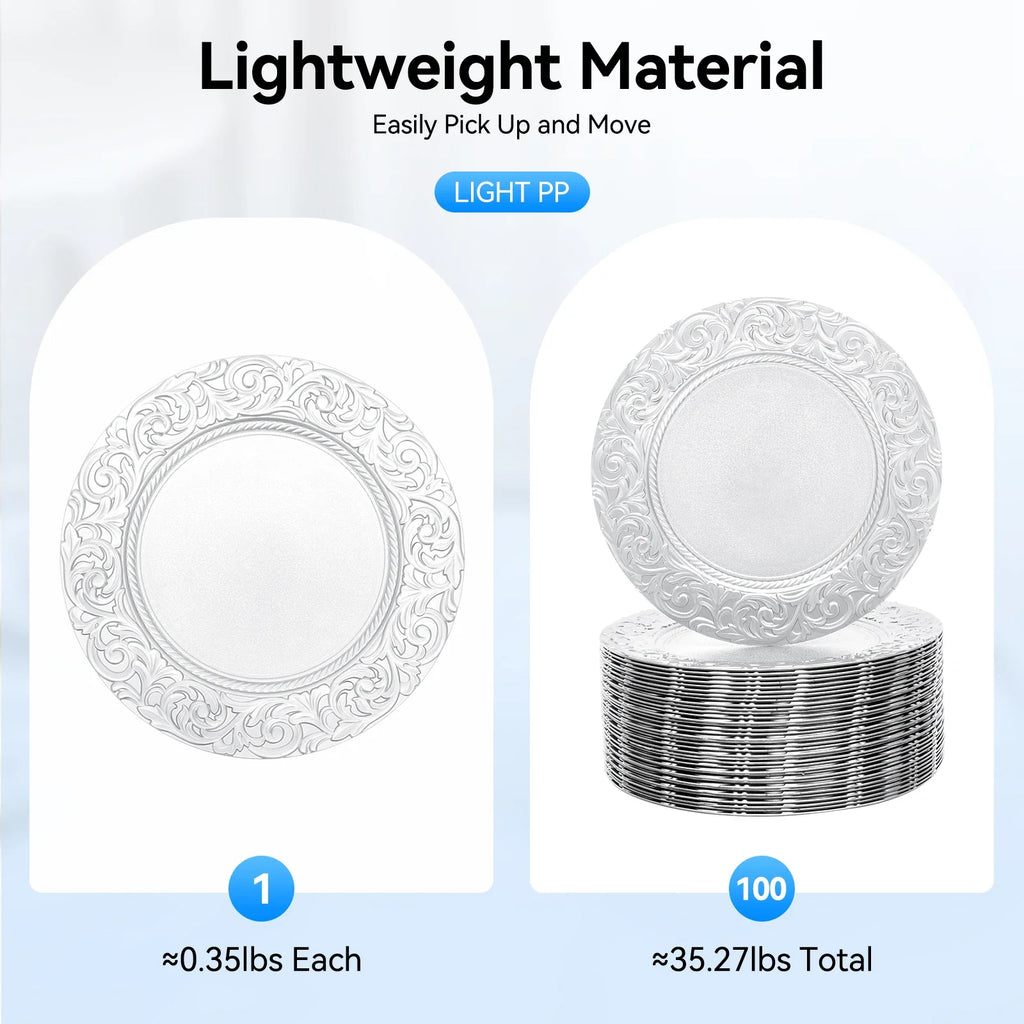 100PCS 13-Inch Round Charger Plates – Decorative Silver/Green Table Setting Plates for Weddings, Parties, Events & Kitchen Dining