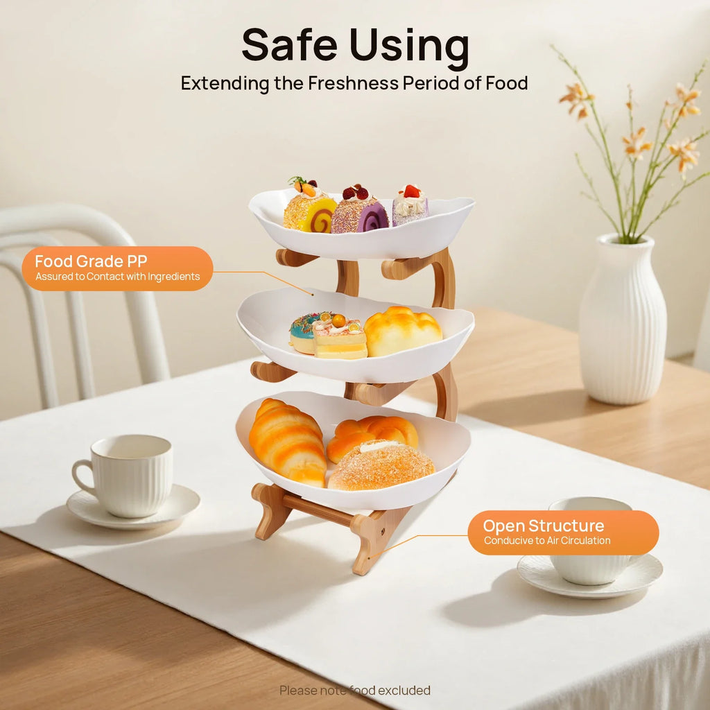 3-Tier Fruit & Dessert Tray Stand – Multi-Layer Snack, Candy & Cake Display with Bamboo Wood Rack for Parties, Weddings & Home Decor