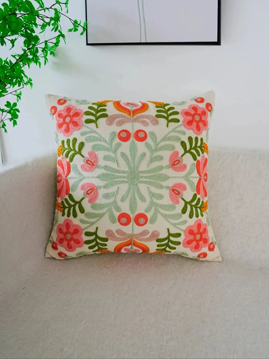 Colorful Flower Embroidery Throw Pillow Cover