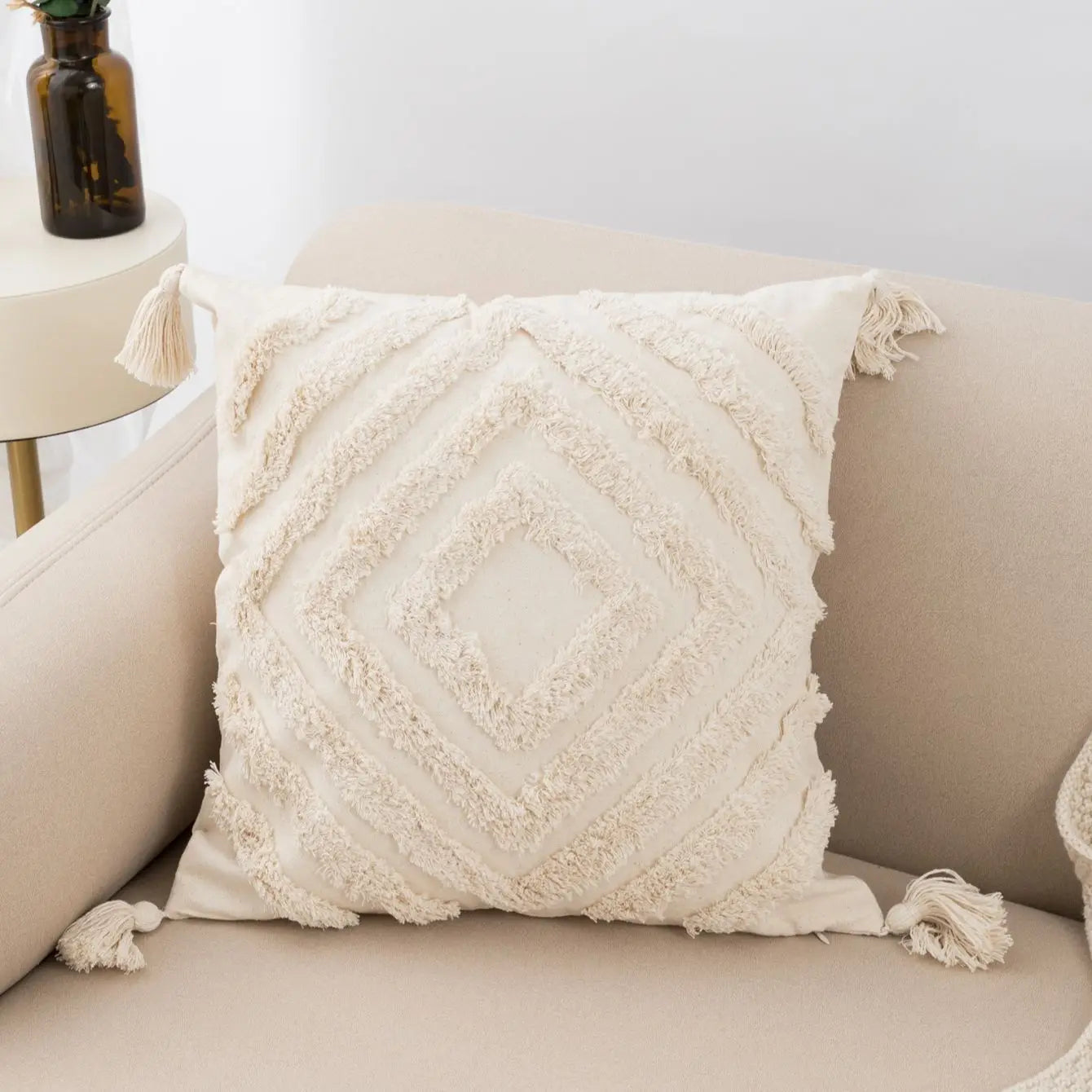 Beige Diamond Shaped Tufted Fringed Pillow Cover