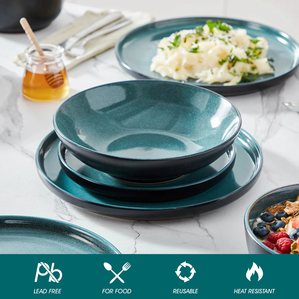 Vancasso 18/24 Piece PLAYB Ceramic Plate Set – Reactive Glaze Stoneware Dinnerware with Dinner, Dessert, and Cereal Bowls