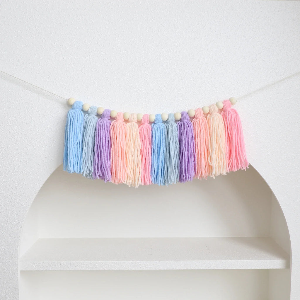 Boho Rainbow Tassel Garland with Wooden Beads