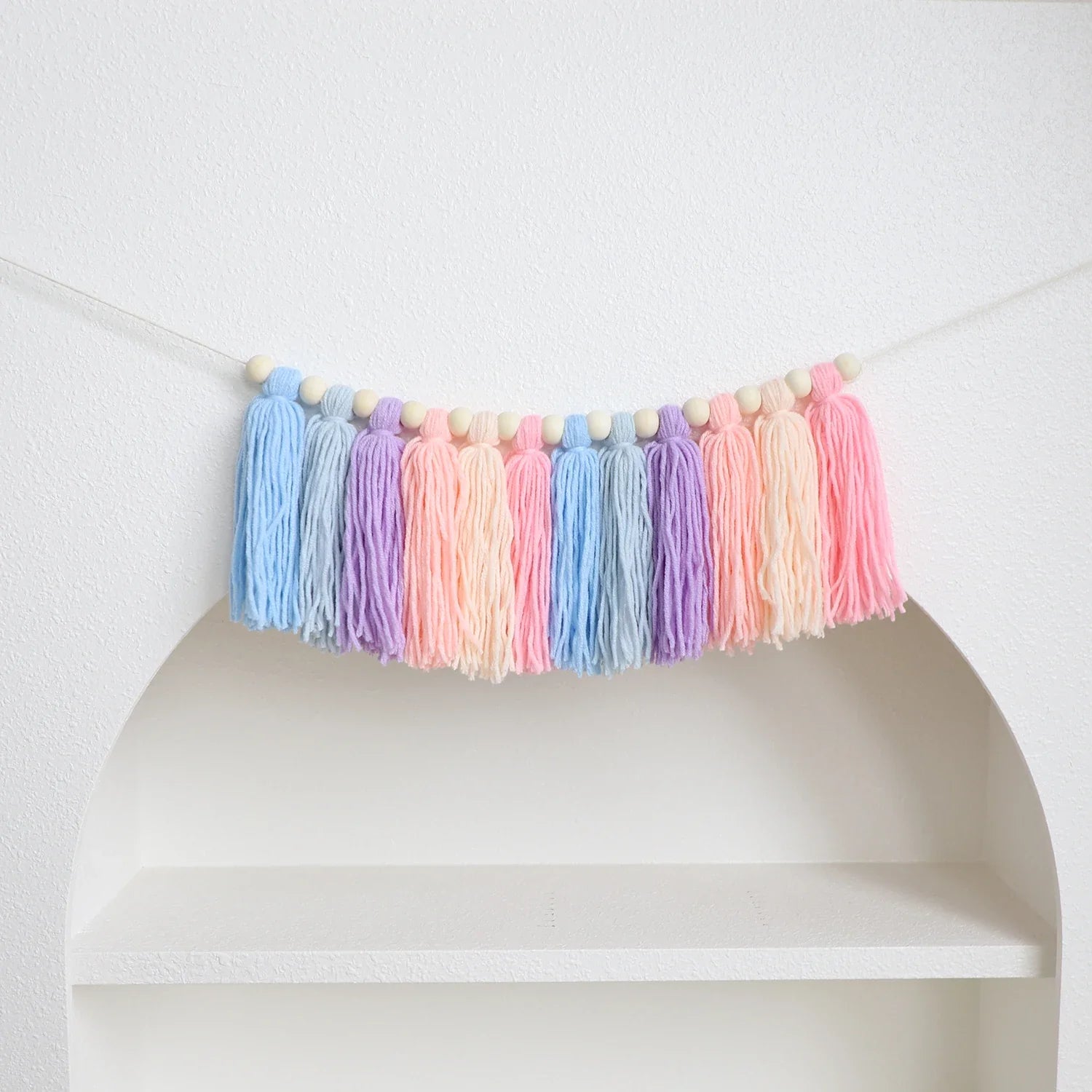 Boho Rainbow Tassel Garland with Wooden Beads