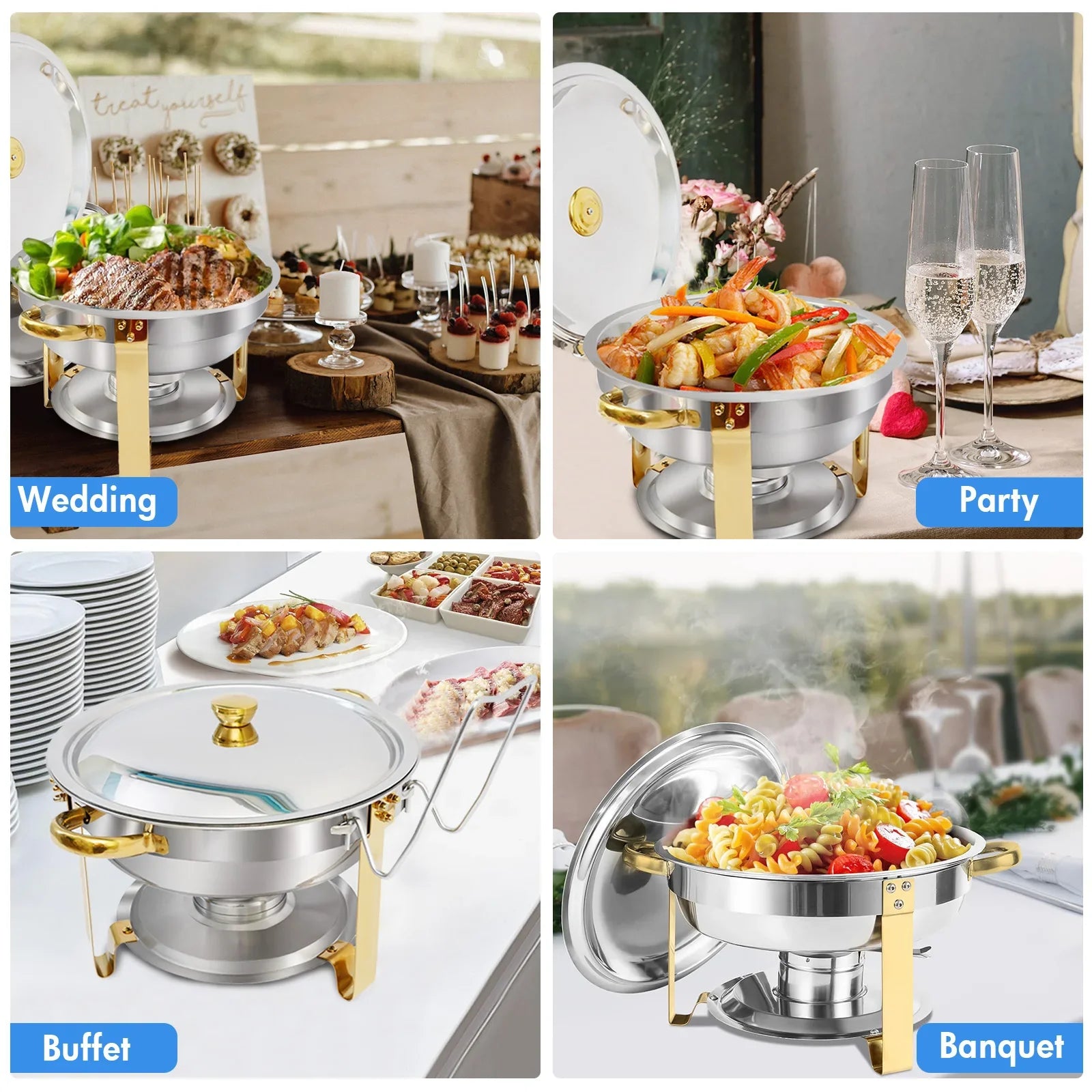 5QT Chafing Dish Buffet Set Stainless Steel Round Half-Gold Plated Buffet Warmer Set for Home Parties Christmas Buffet Birthday