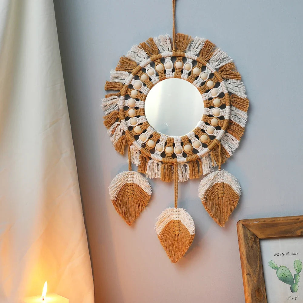 Boho Round Decorative Leaf Macrame Wall Mirror