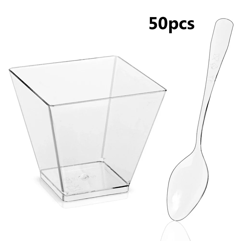60ml Dessert Bowl with Spoon Set Square Mini Dessert Cups Disposable Supplies Reusable Accessories for Tasting Pudding Yogurt