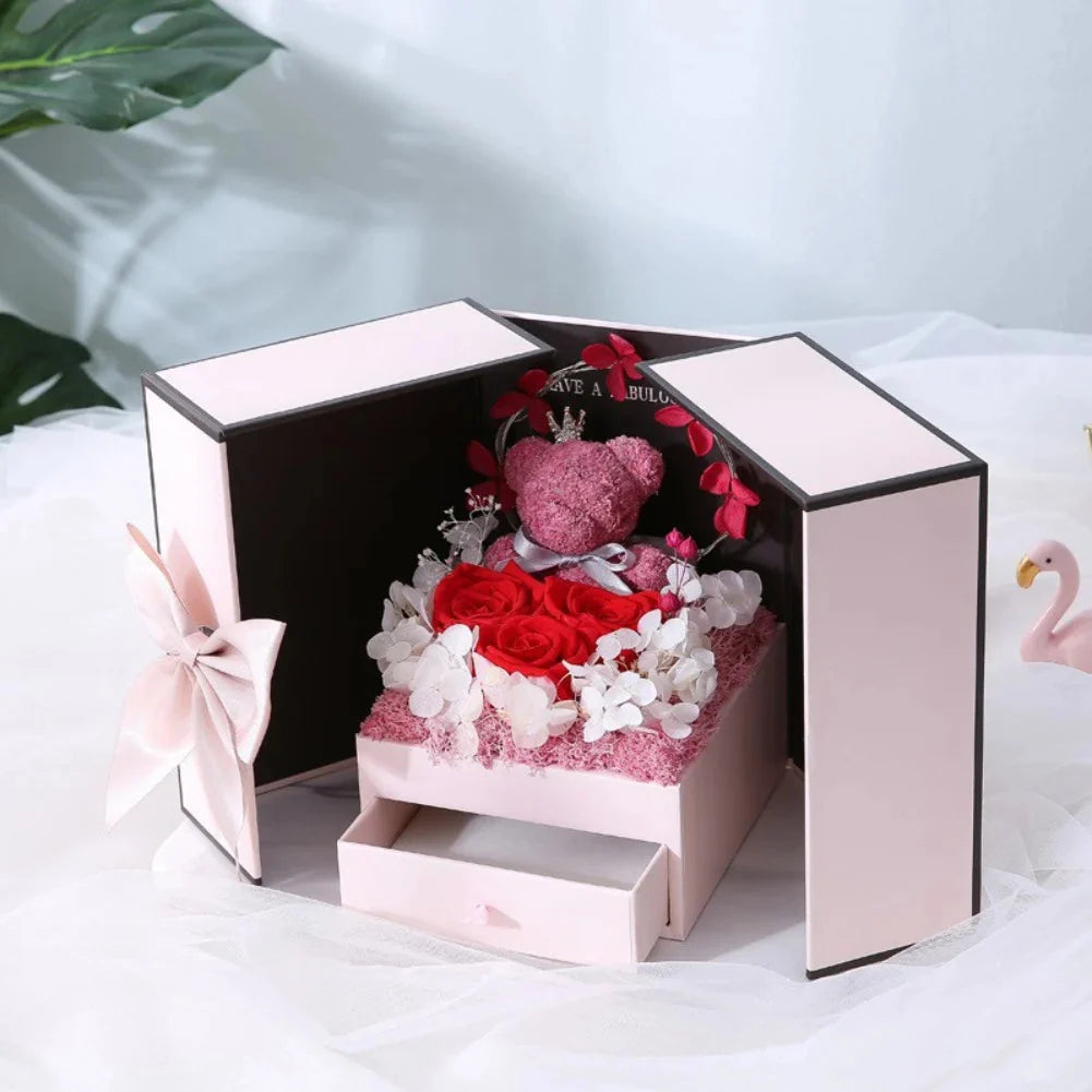 Rose Bear Gift Box with Eternal Rose and Necklace