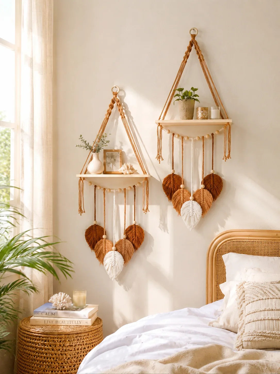 Boho Macrame Floating Wall Shelf with Leaf Tassels