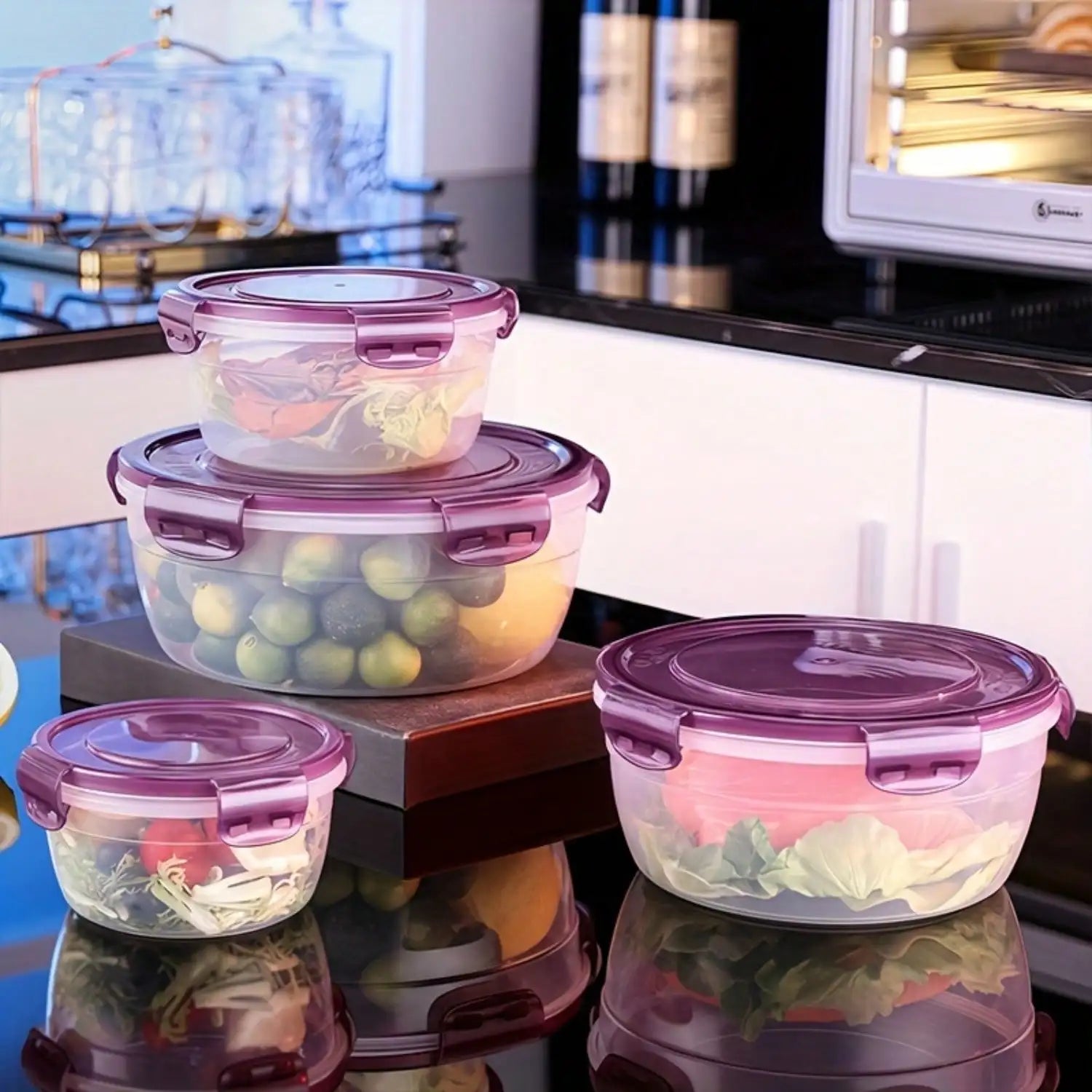 8pcs/set (4 Containers+4 Sealed Lids) - Kitchen Vegetable and Fruit Storage Box, Microwave Safe Round Bento Box