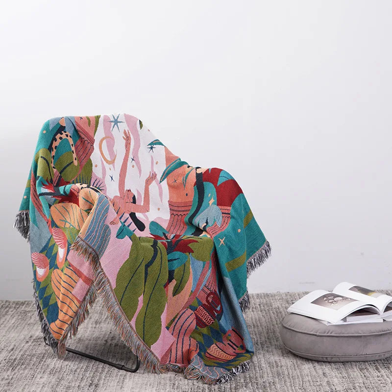 Forest Dancer Throw Blanket – Jungle Leaves Sofa Cover with Tassels