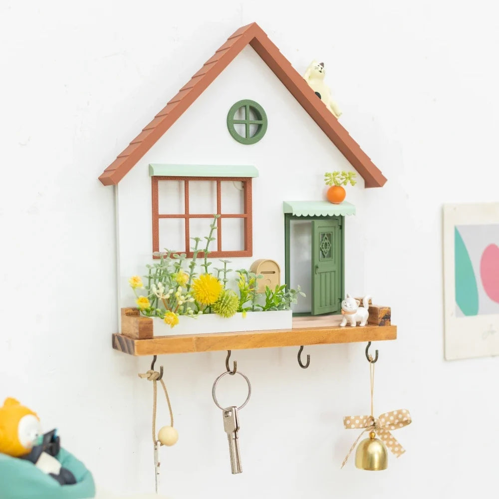 🏡 Fairytale Town Wall Hook Rack – Boho Wooden Key Holder & Decorative Village Scene Organizer