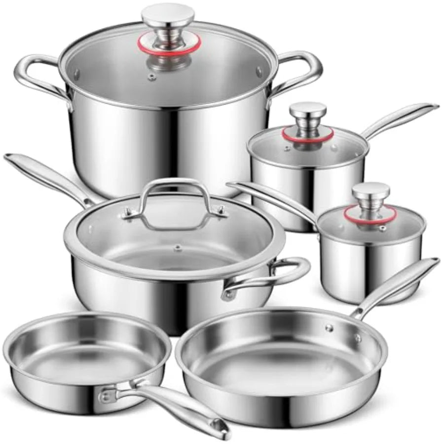 10 Pcs Pots and Pans Set Stainless Steel Cookware Sets for Kitchen Induction Cookware Nontoxic Kitchen Cooking Set w Fry Pans S