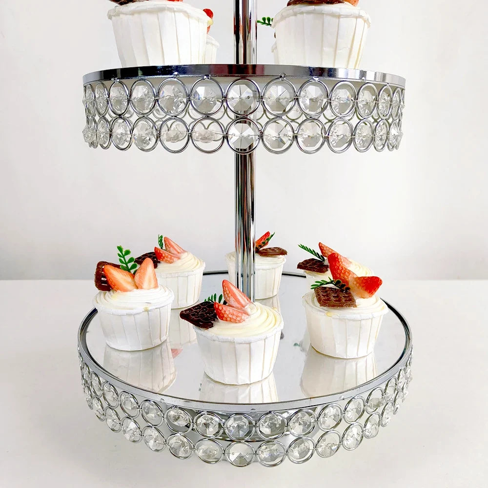 6Pcs-9PcsCake Stand Set with Crystal Beaded Mirror Metal Dessert Table Display Stands Cupcake Holder for Birthday Party Festival