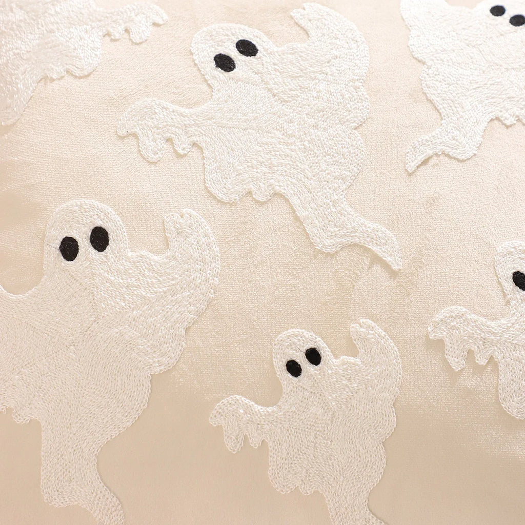 Halloween Pumpkin & Ghost Embroidered Velvet Pillow Cover – Festive Throw Cushion for Sofa, Bed & Home Decor