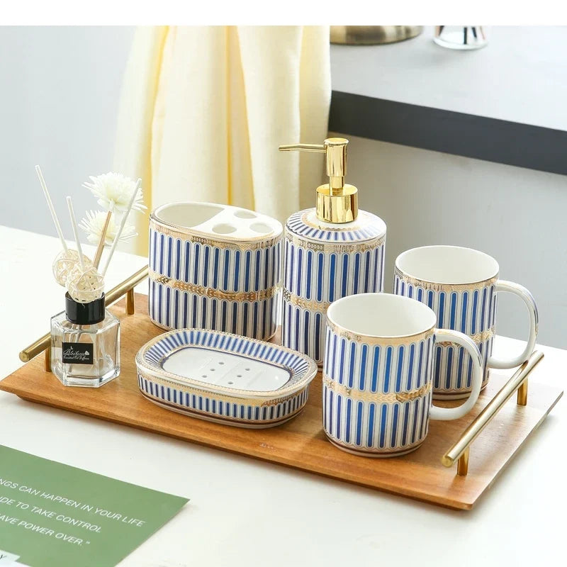 Ivory Porcelain & Gold-Plated Ceramic Bathroom Set – Pink Stripes