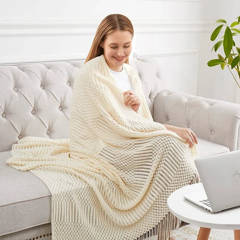 Soft Knit Boho Throw Blanket – Lightweight Acrylic Travel & Home Decor Accent with Fringe