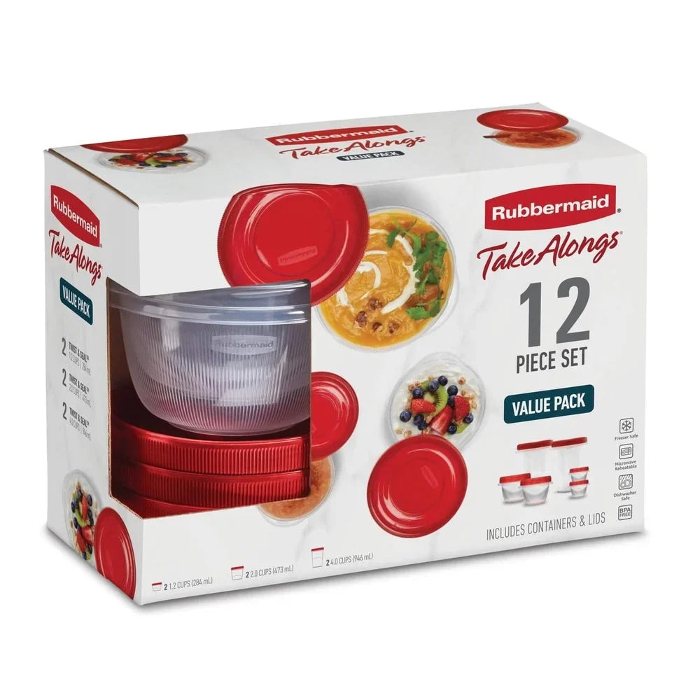 12 Piece Food Storage Set BPA Free Stackable Containers Twist Seal Microwave Dishwasher Safe Meal Prep Lunch Snacks Red