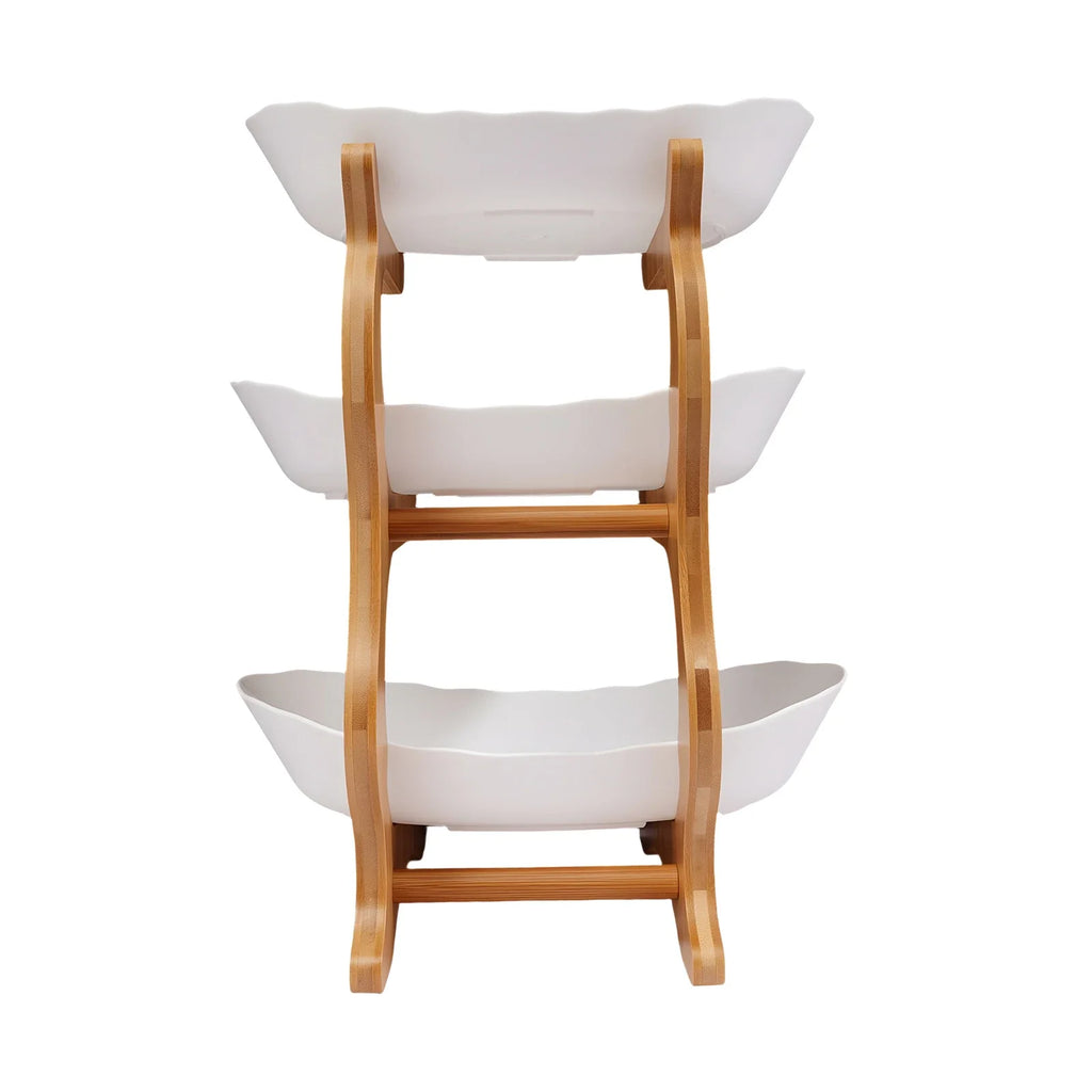 3-Tier Fruit Plate,Snack Dessert Cake Tray Plate Rack for Party Wedding,Fruit Bowl W/ Bamboo Wood Stand,Candy Dish Cake Stand