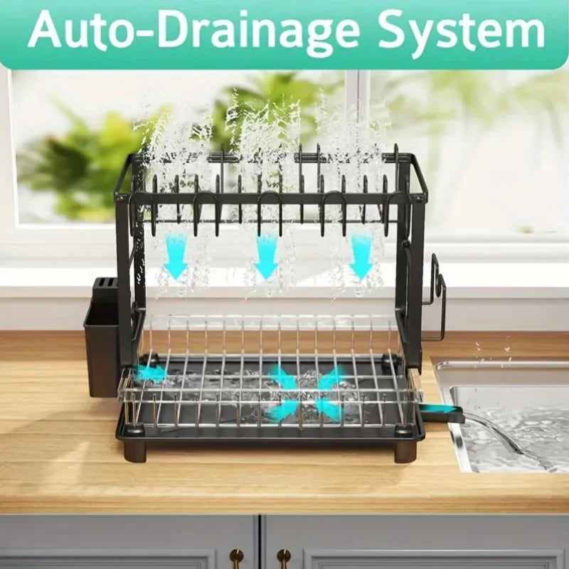 2-Tier Metal Dish Drying Rack – Black Kitchen Counter Dish Drainer with Drainboard