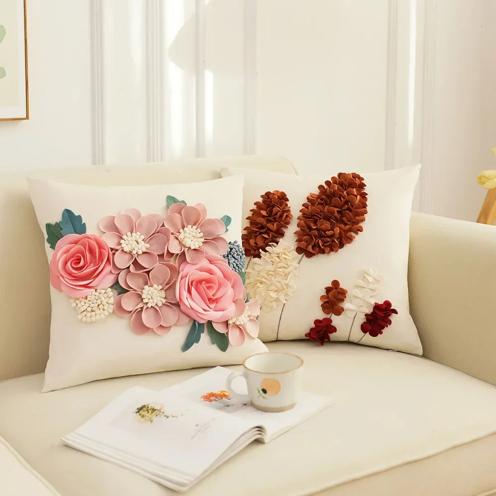 French Style Embroidered Patchwork Pillow Cover – Floral Cushion for Sofa, Bed & Living Room Decor