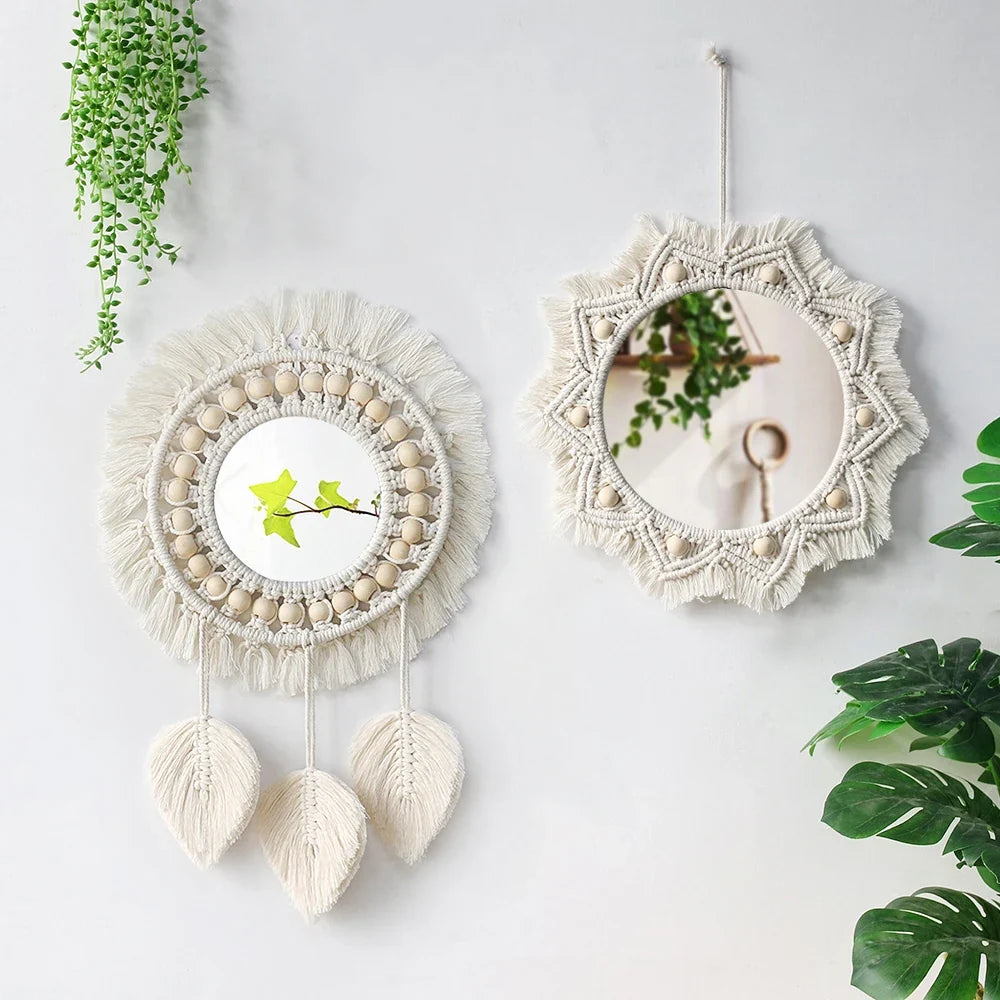 Boho Macrame Round Wall Mirror – Decorative Hanging Mirror for Bedroom & Living Room - Cream with Hanging Leaves