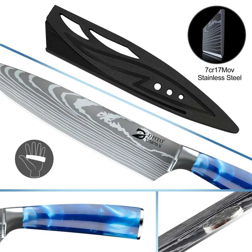8pcs Kitchen Knife Damascus Stainless Steel Chef Knife Utility Paring Boning Cleaver Slicing Santoku Knives