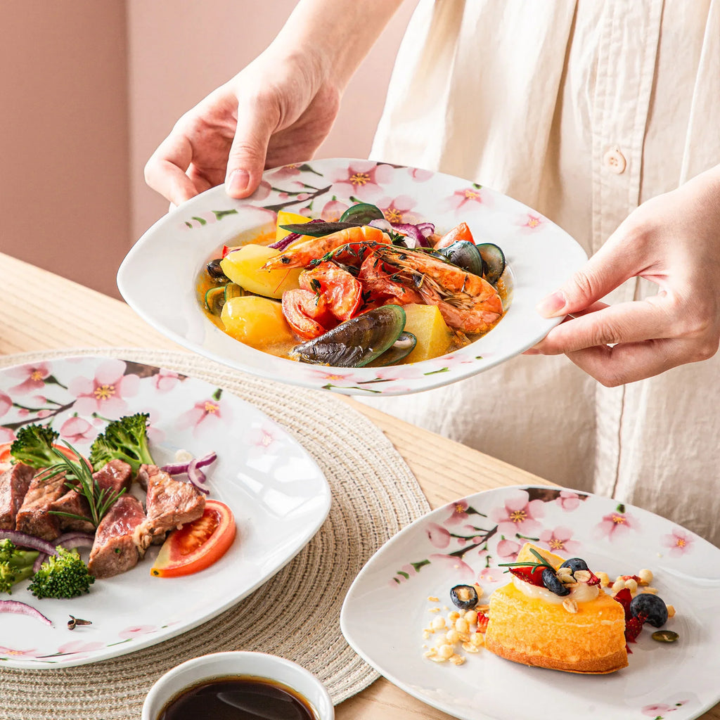 VEWEET ANNIE 60-Piece Porcelain Dinnerware Set – White Ceramic Pink Floral Plates, Bowls, Cups & Saucers for 12 People