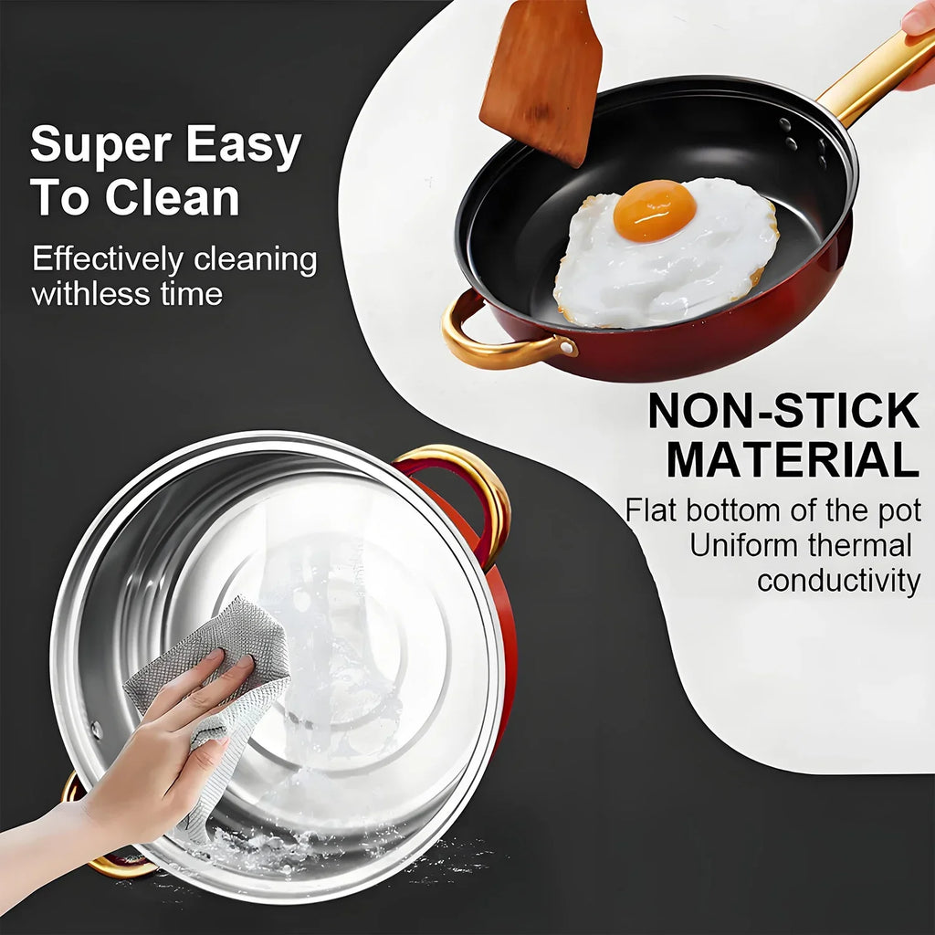 12-Piece Red Stainless Steel Cookware Set – Non-Stick Pots & Pans, Stylish Kitchen Cookware Collection for a Complete Cooking Solution