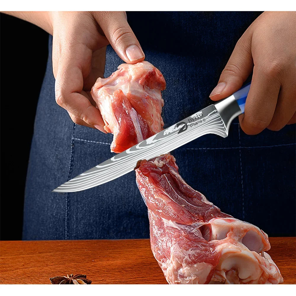8pcs Kitchen Knife Damascus Stainless Steel Chef Knife Utility Paring Boning Cleaver Slicing Santoku Knives