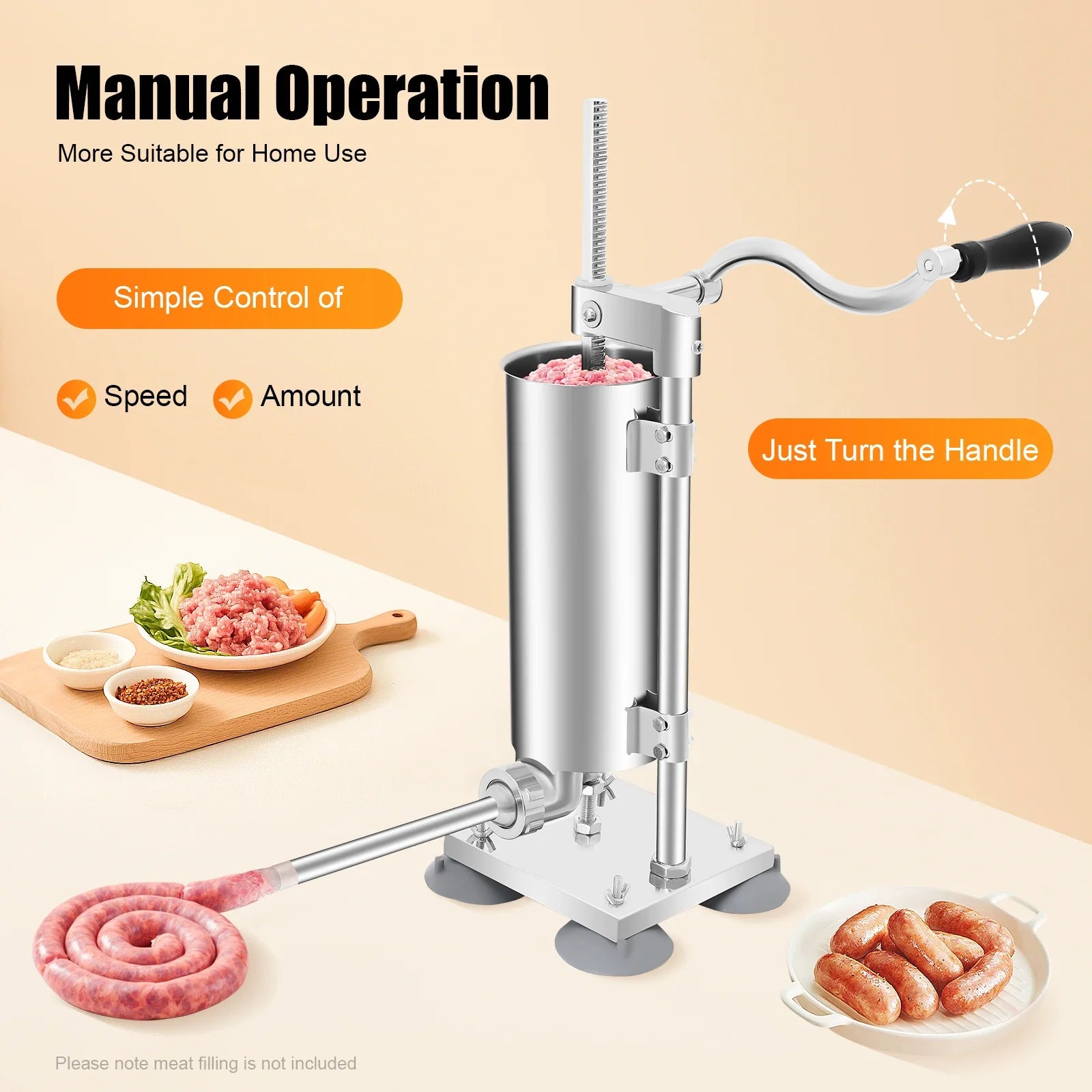 3L Vertical Manual Sausage Stuffer Machine – Stainless Steel Sausage Maker with 4 Steel & 7 PE Tubes