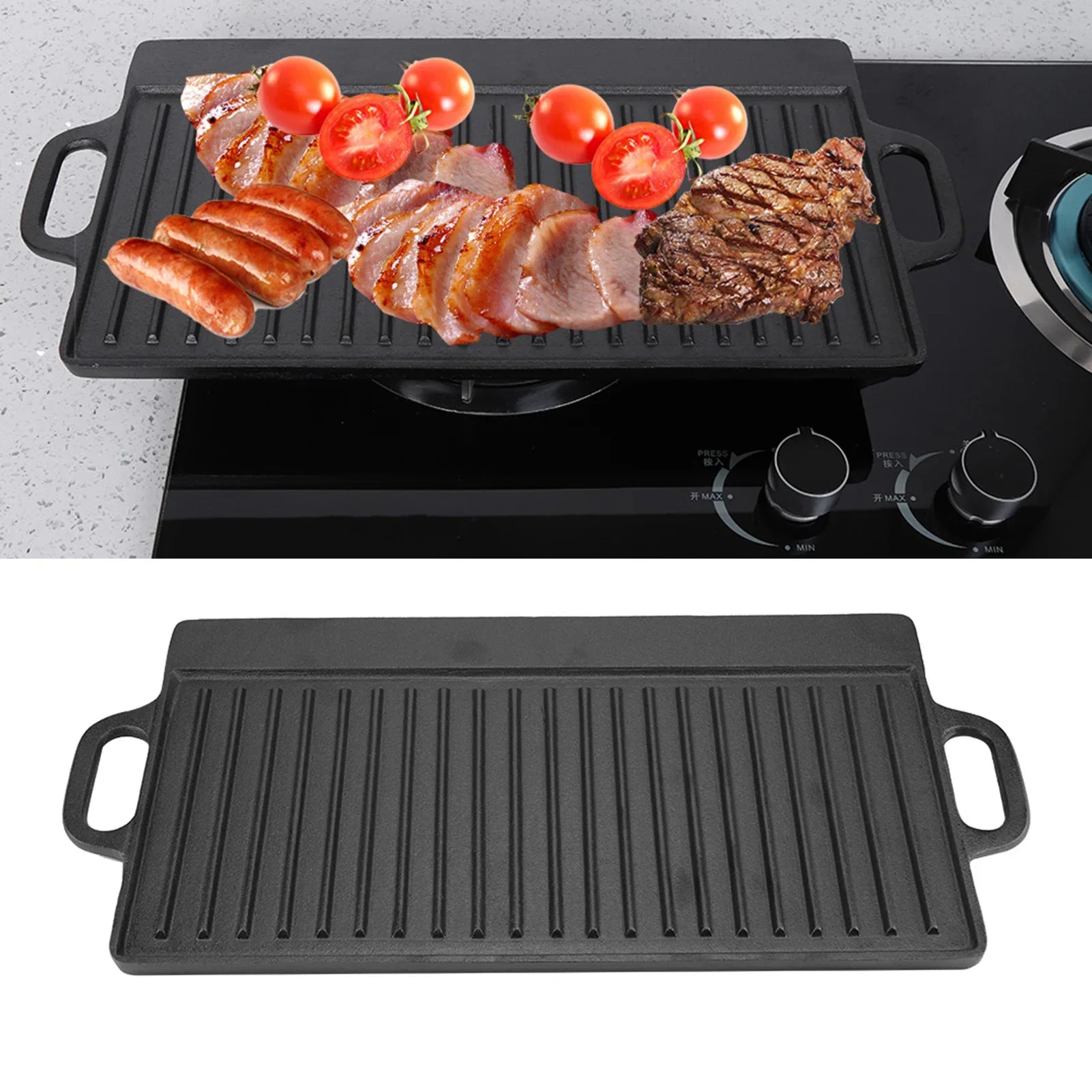 Non-Stick Cast Iron Grill Griddle Pan Ridged and Flat Double Sided Baking Cooking Tray Bakeware Grill Pan Cast Iron Grill Pan