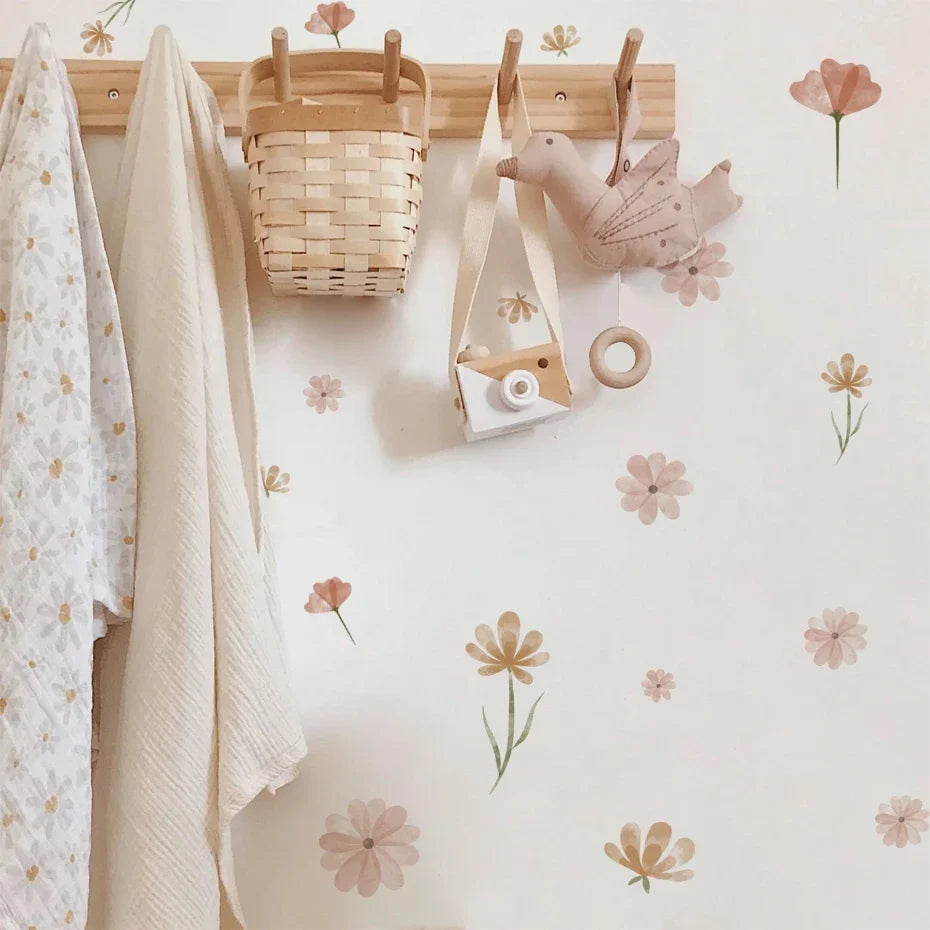 Boho Floral Leaf Wall Stickers – Removable 3D Vinyl Decals for Kids' Nursery & Home Decor - Pink Flowers
