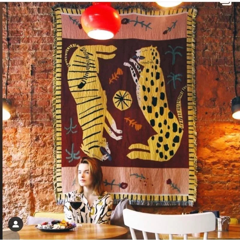 Two Leopard Tapestry Throw Blanket – Woven Cotton Blend Boho Animal Print Blanket for Sofa, Bed & Home Decor