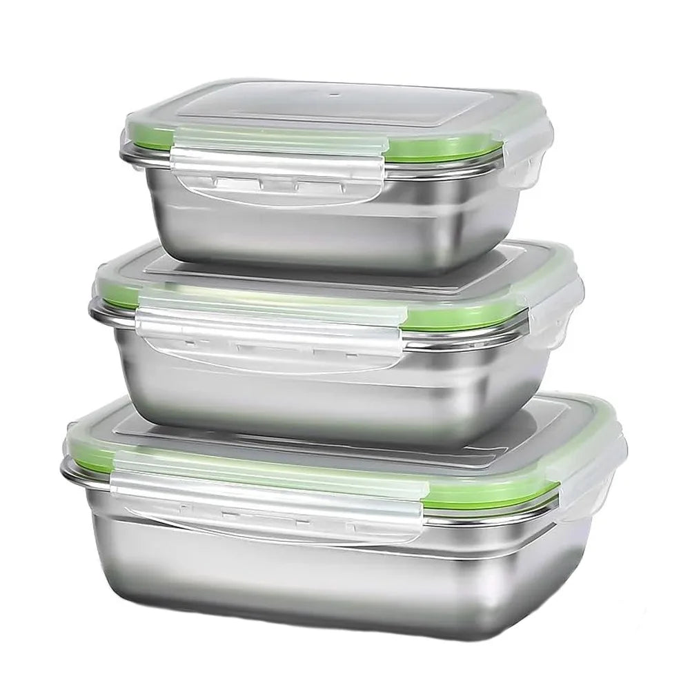 3 Pieces Stainless Steel Food Containers Food Storage Box Square Lunch Box 400/750/1200ml