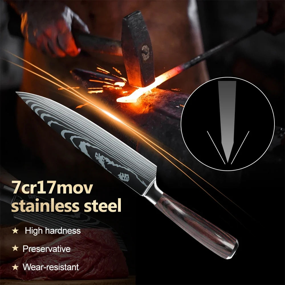 8/10pcs Gift Japanese Kitchen Knives Set Laser Damascus Pattern Chef Knife High Carbon Stainless Steel Sharp Fruit Slicing Knife