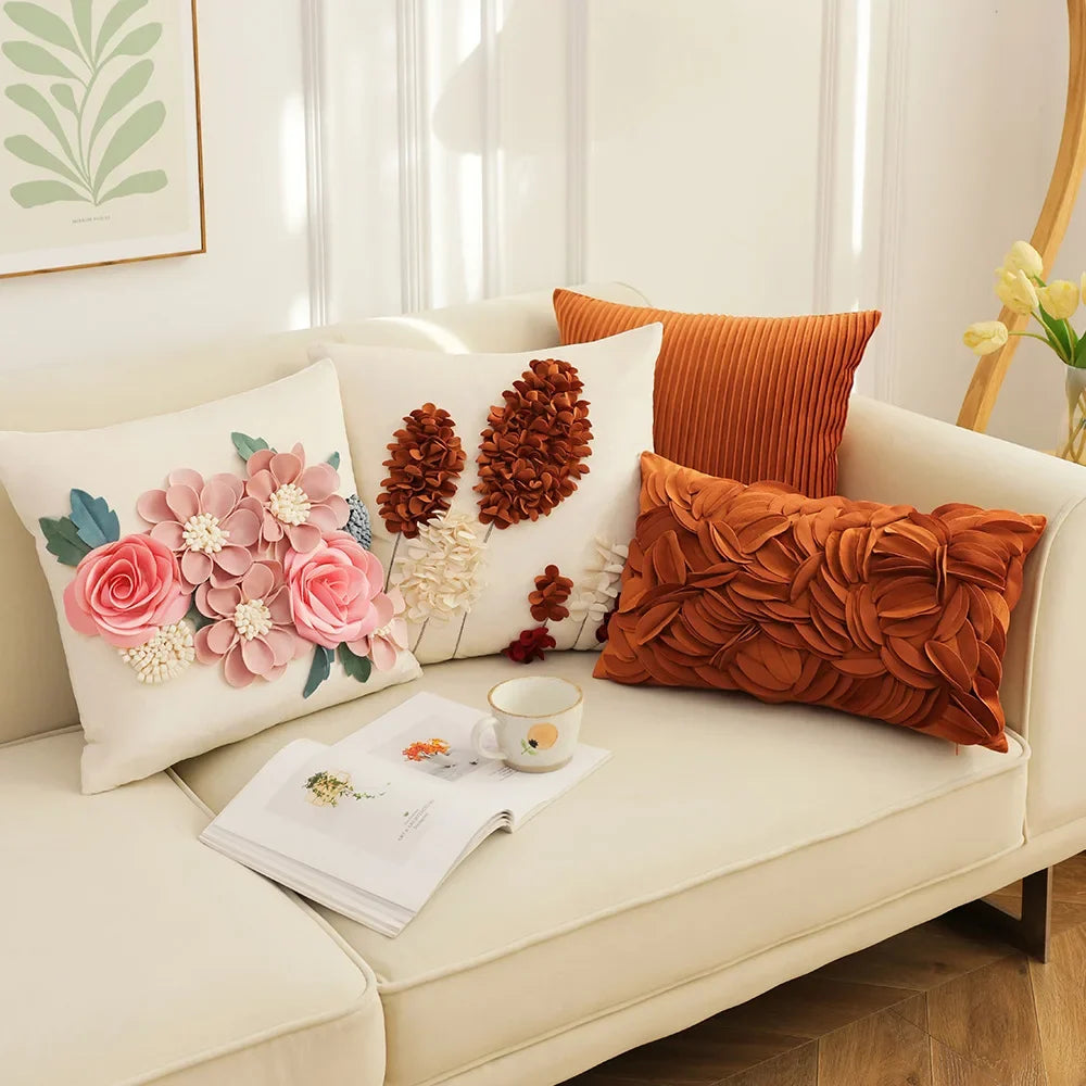 French Style Embroidered Patchwork Pillow Cover – Floral Cushion for Sofa, Bed & Living Room Decor