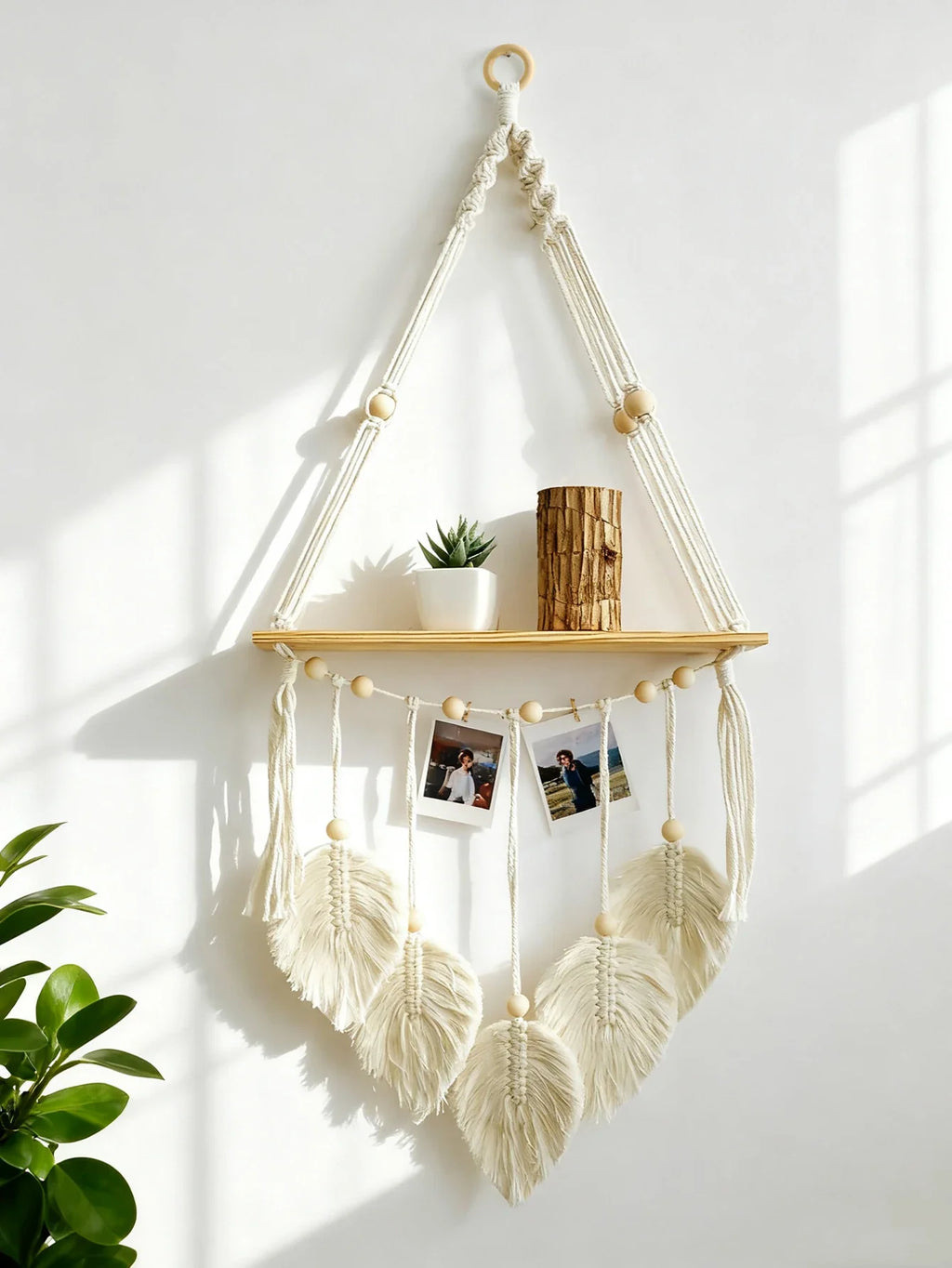 Boho Macrame Floating Wall Shelf with Leaf Tassels