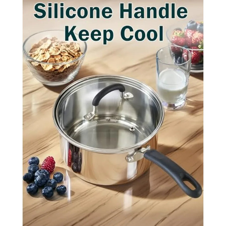 Stainless Steel Cookware Sets 10-Piece, Pots and Pans Kitchen Cooking Set with Stay-Cool Handles, Dishwasher Safe, Silver