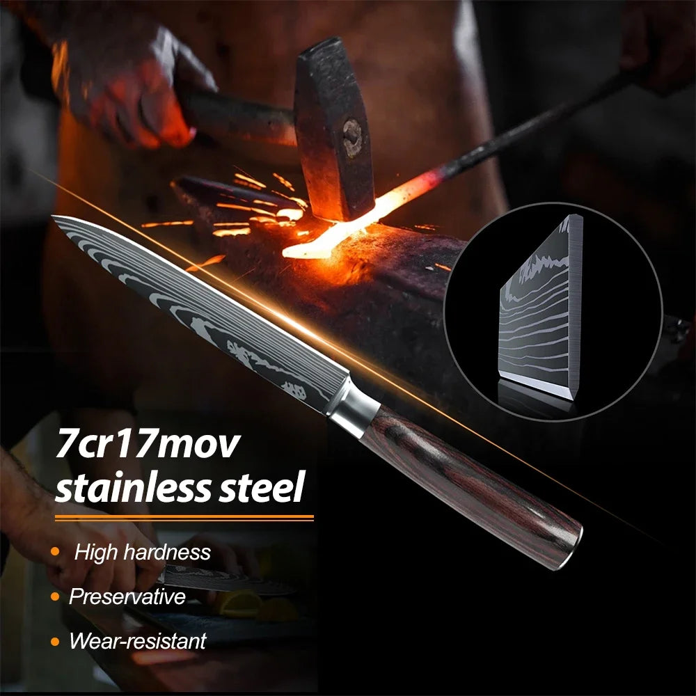 8/10pcs Gift Japanese Kitchen Knives Set Laser Damascus Pattern Chef Knife High Carbon Stainless Steel Sharp Fruit Slicing Knife