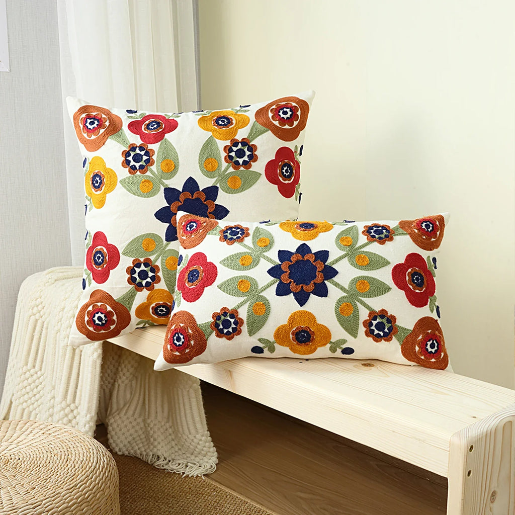 Boho Floral Embroidered Canvas Pillow Cover