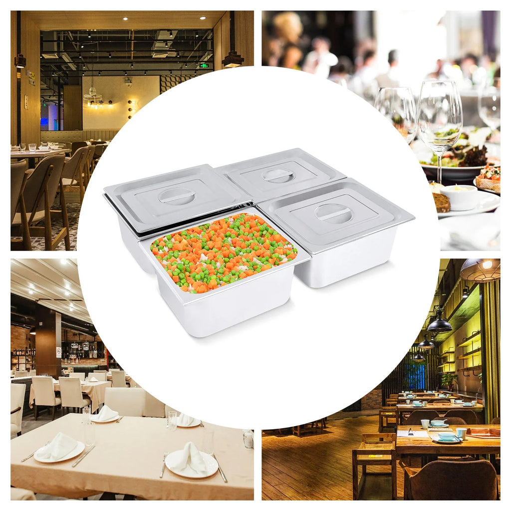 Stainless Steel Steam Table Pans, 7L Capacity, 6in Depth, Set of 4 with Lid for Food Display and Protection
