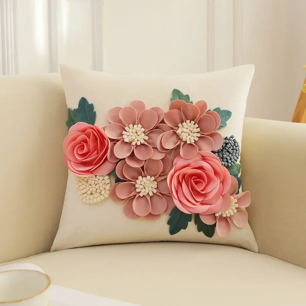French Style Embroidered Patchwork Pillow Cover – Floral Cushion for Sofa, Bed & Living Room Decor