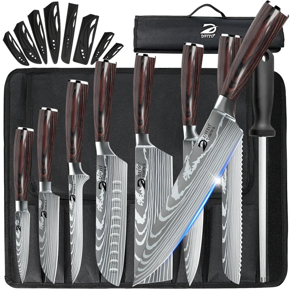 8pcs Kitchen Knife Damascus Stainless Steel Chef Knife Utility Paring Boning Cleaver Slicing Santoku Knives